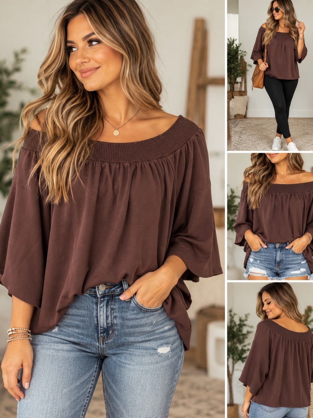 Shyanne Off-Shoulder Tunic Top in Chocolate Brown